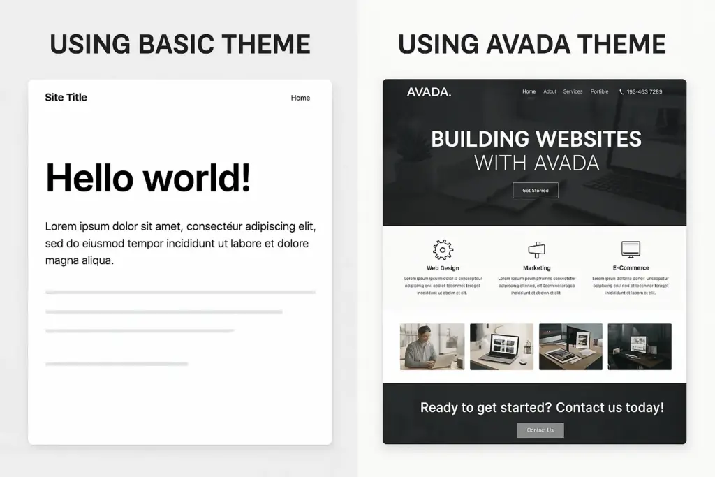 Benefit comparison when you download Avada theme vs basic WordPress theme
