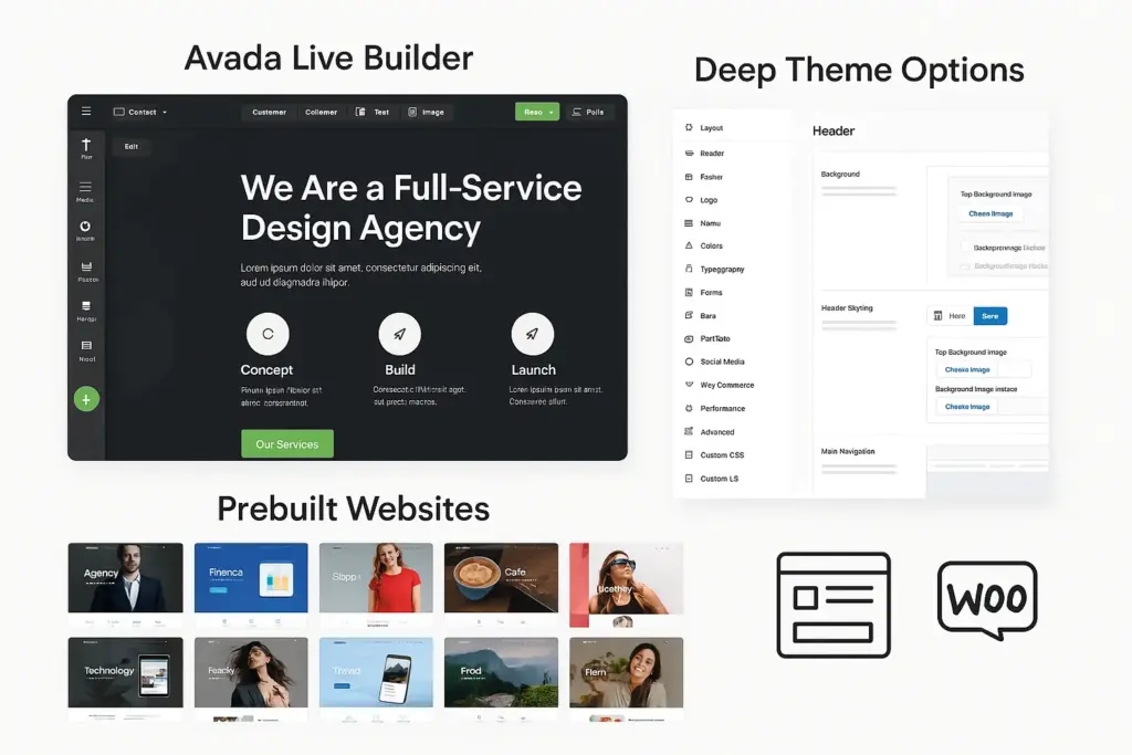 Avada WordPress theme features including builder and prebuilt sites