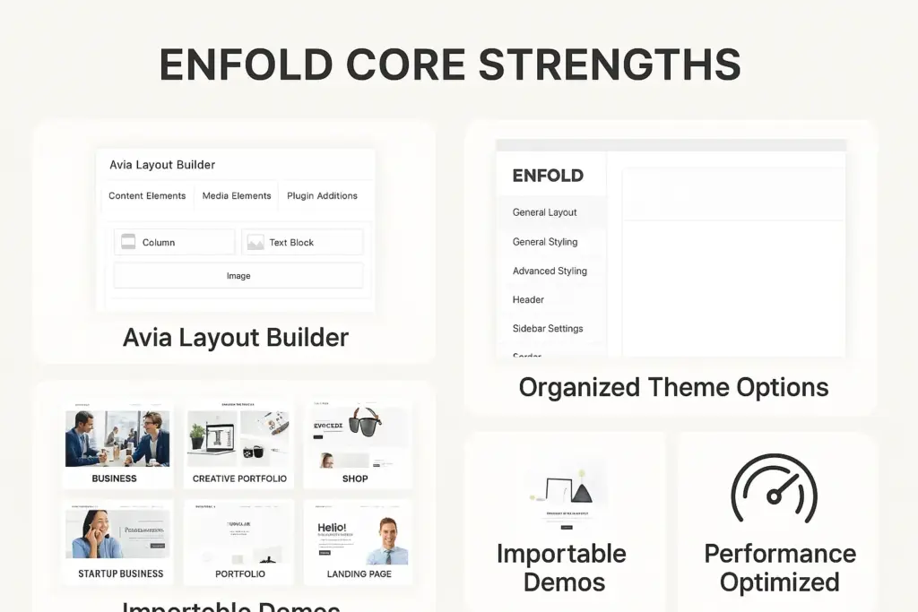 Enfold WordPress theme features including Avia Builder and demos