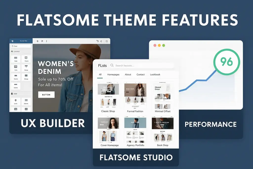 Flatsome WordPress theme features including UX Builder and Flatsome Studio