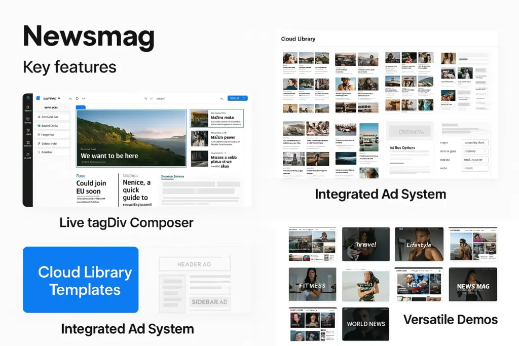Newsmag WordPress theme features including tagDiv Composer and Cloud Library