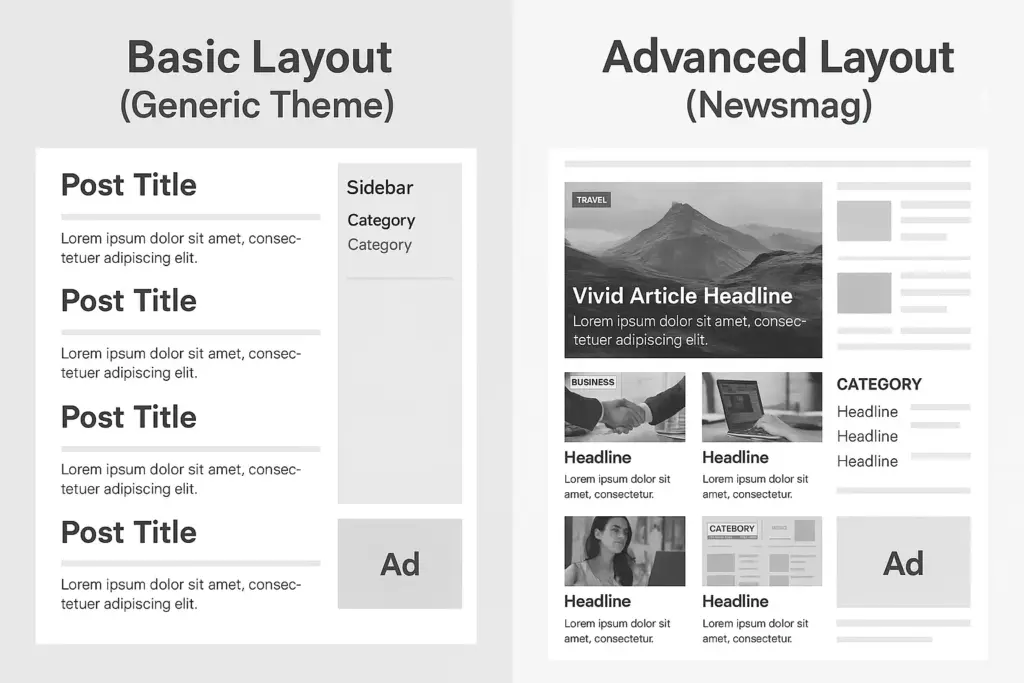 Layout comparison when you download Newsmag theme vs basic themes