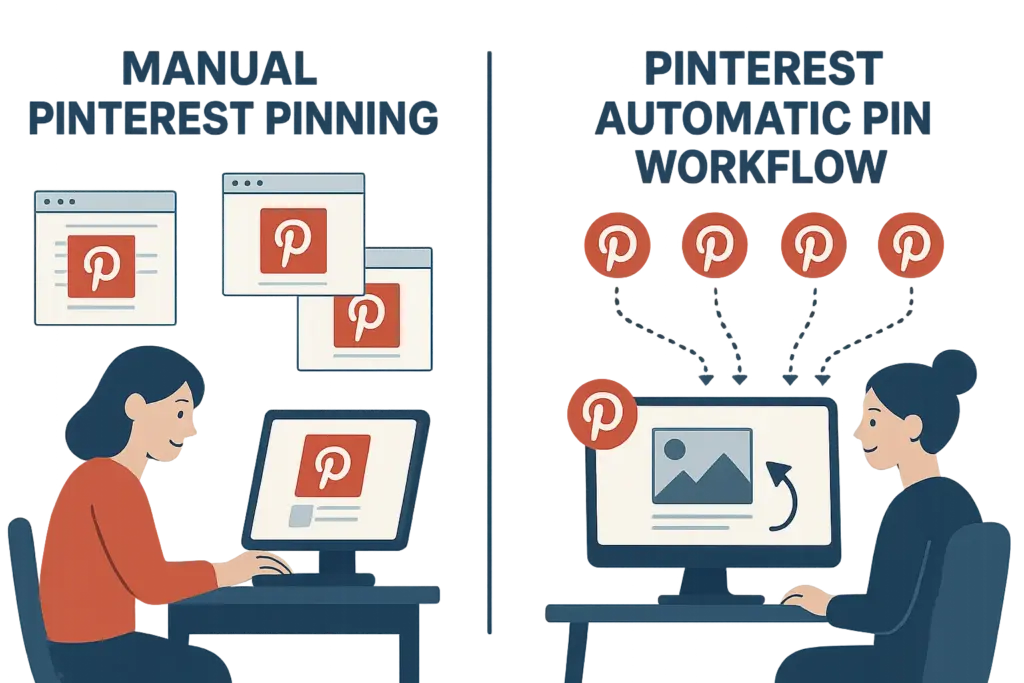 Workflow comparison when you download Pinterest Automatic Pin vs manual pinning