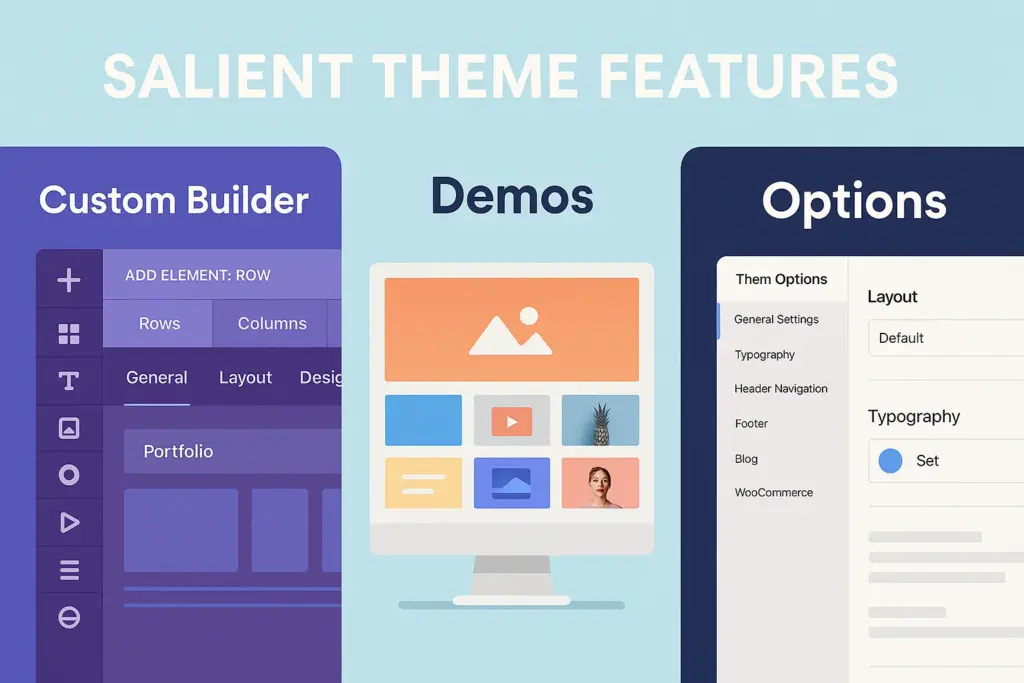 Salient WordPress theme features including custom builder elements and demos