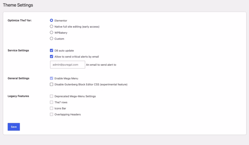 the Elementor page builder integration interface in The7 — the strongest first-hand evidence this page can carry.