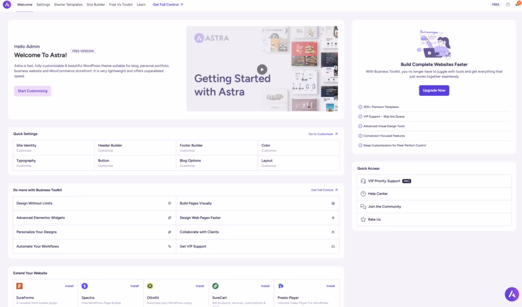 Built-in site builder interface in Astra — the strongest first-hand evidence this page can carry.