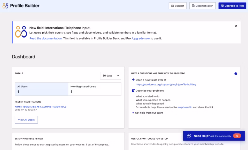 the Custom user registration forms interface in Profile Builder — the strongest first-hand evidence this page can carry.