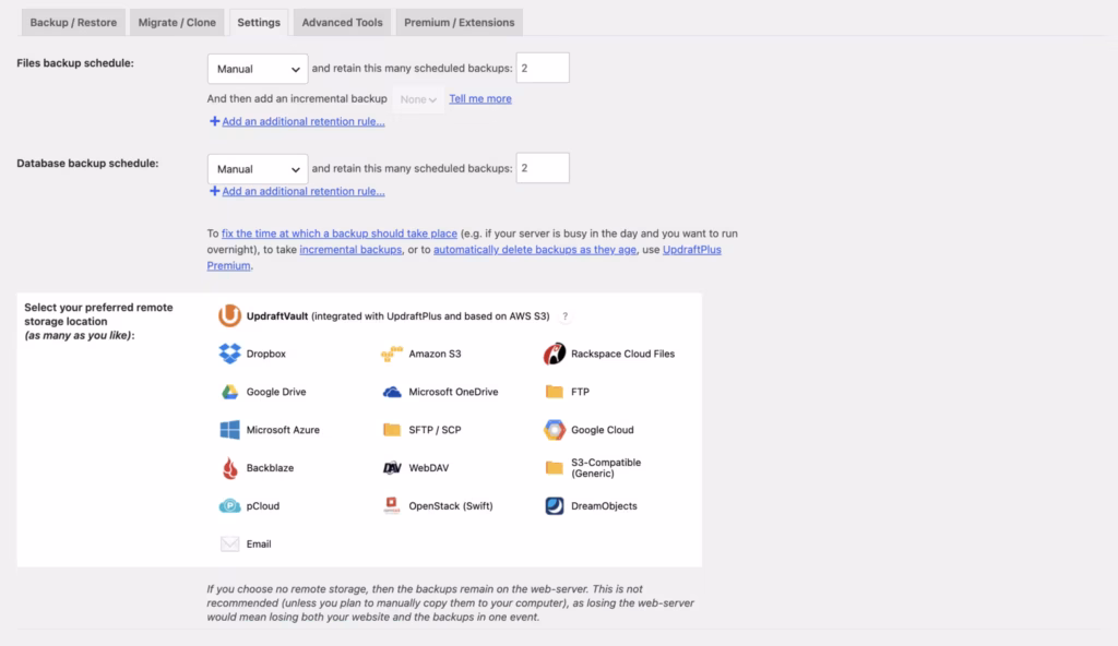 the Manual and scheduled backups interface in UpdraftPlus — the strongest first-hand evidence this page can carry.
